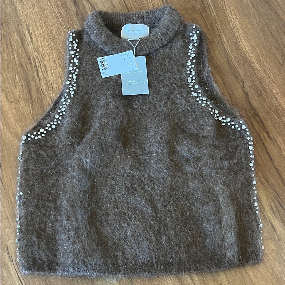 H&M edition Brown Fuzzy mohair Sleeveless Top with diamond Accents